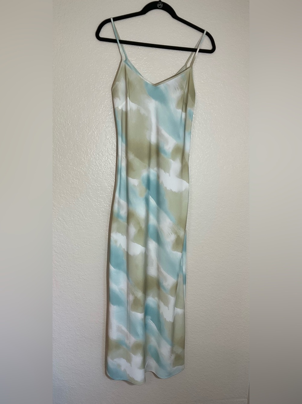 Forever 21 Satin Slip Midi Dress Green Blue Watercolor Print Size S